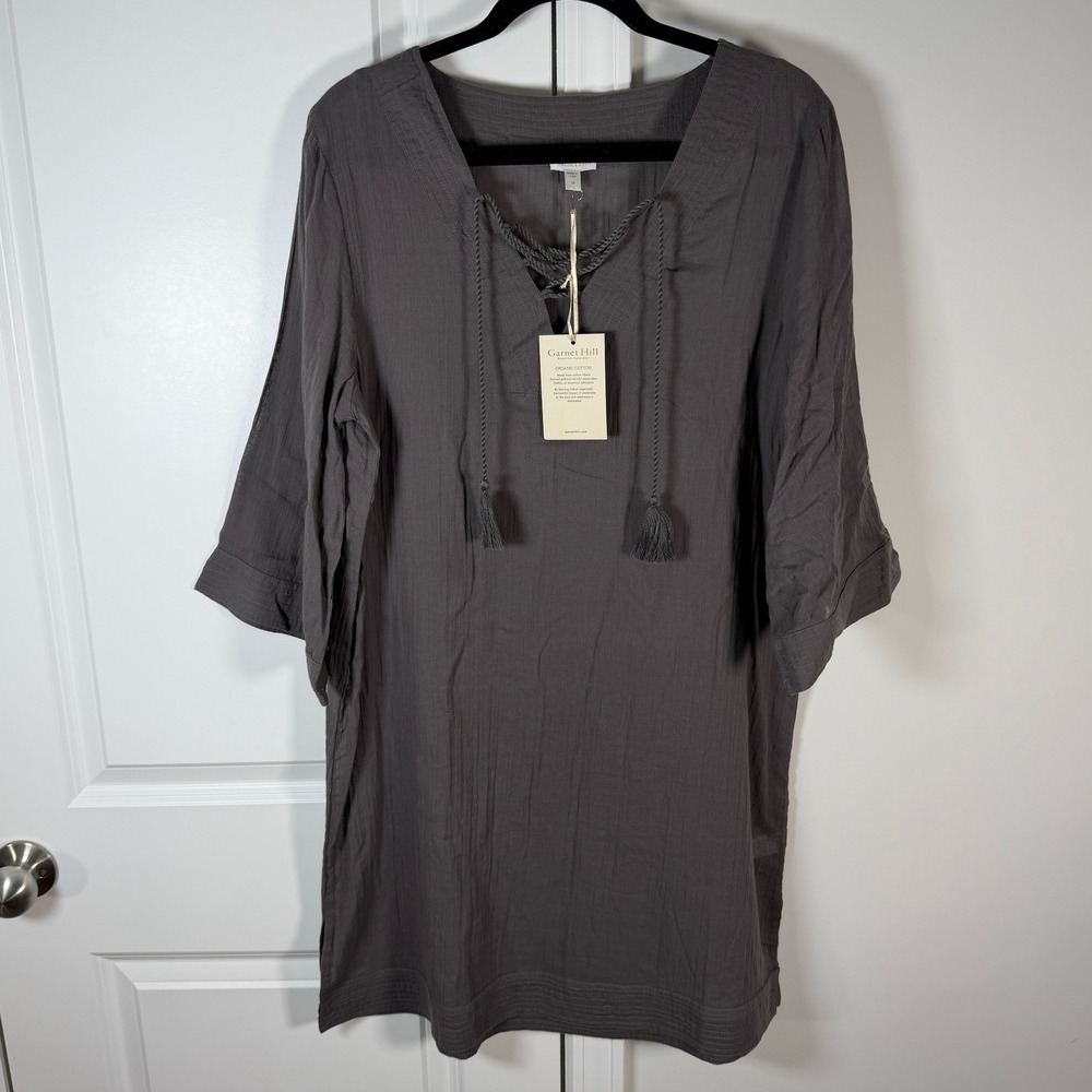 Garnet Hill Organic Cotton Gauze Tunic Dress Gray Boho‎ Tassel V-Neck Medium NWT